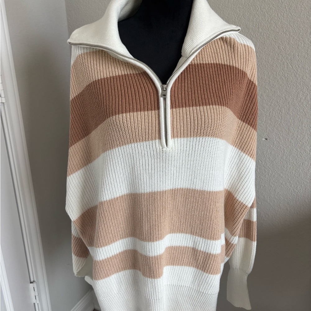 Aerie Beyond Striped 1/4 Zip Pullover Sweater in a toasty combo color size med - Picture 2 of 6